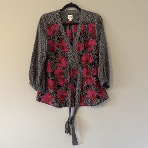 Edme & Esyllte Size 4 Blue Pink‎ Floral 100% Silk Long Sleeve Belted Tie Blouse